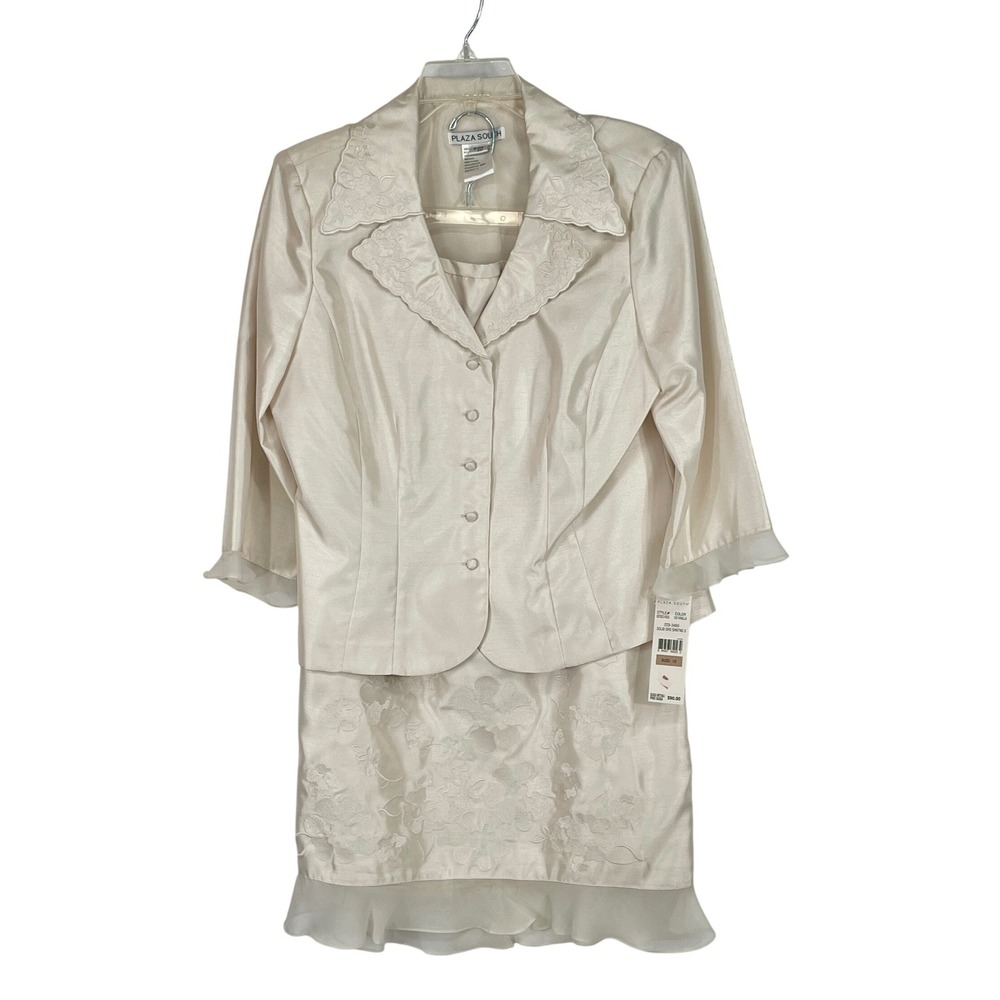 NWT Plaza South Womens Skirt Suit 12 2pc Set Vanilla Cream Embroidered Ruffle